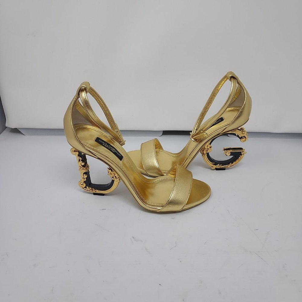 DOLCE&GABBANA Sculpted-Heel Metallic Leather Sandals - Picture 7 of 10